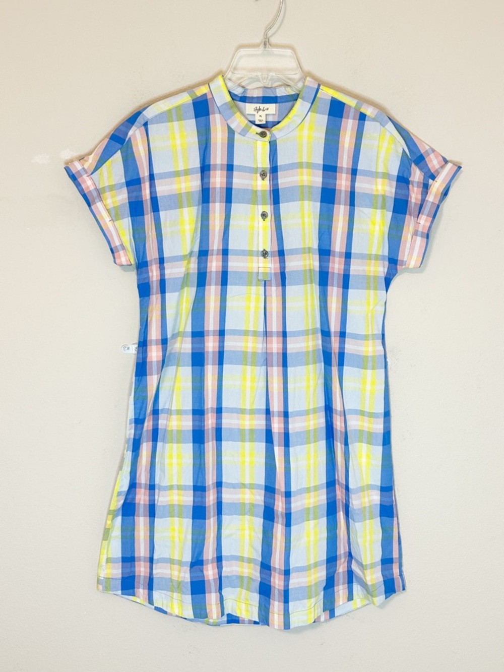 Style &Co Pink Yellow and Blue Plaid Shirtdress w/buttons Shortsleeve - LP - Picture 3 of 10